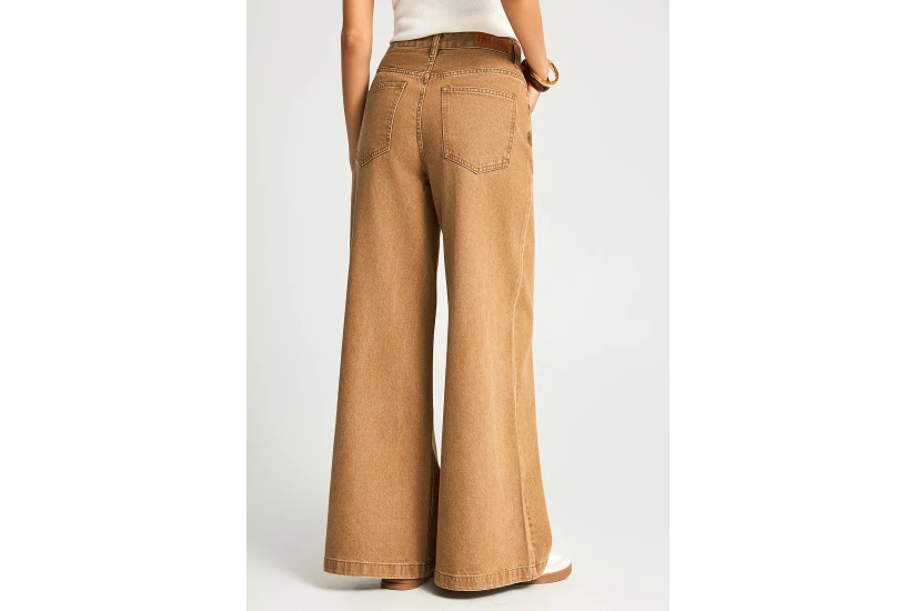 Funky Buddha Wide Leg Γυναικείο Παντελόνι Τζιν Καφέ