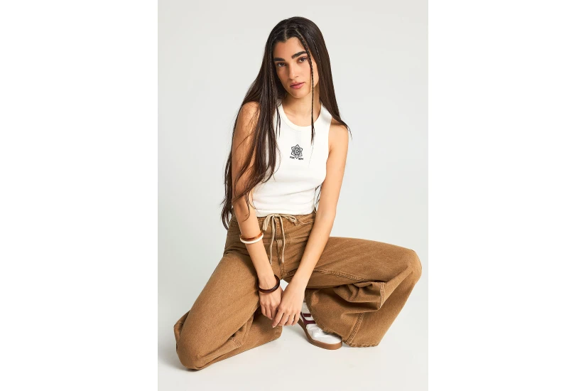 Funky Buddha Wide Leg Γυναικείο Παντελόνι Τζιν Καφέ