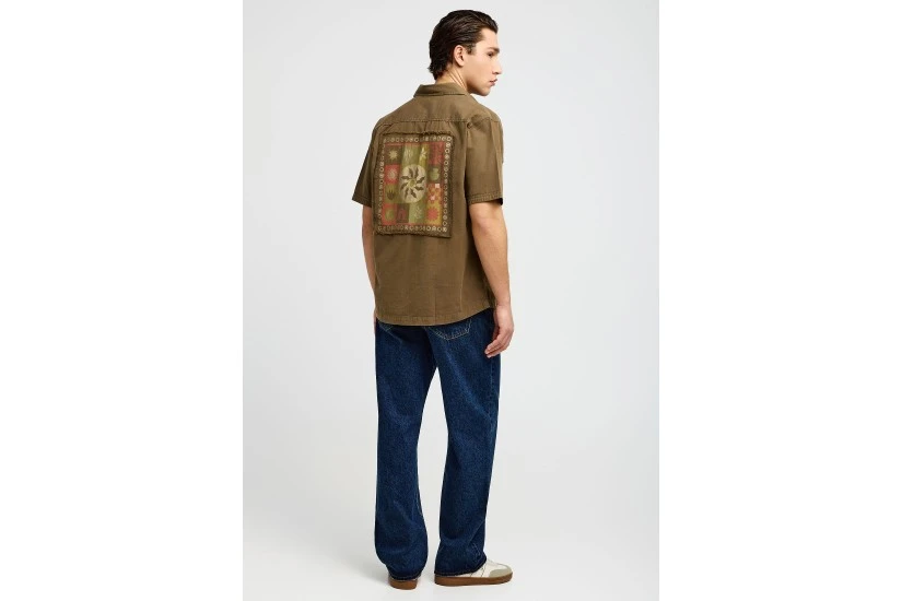 Funky Buddha Print On The Back Ανδρικό Κοντομάνικο Πουκάμισο Λαδί