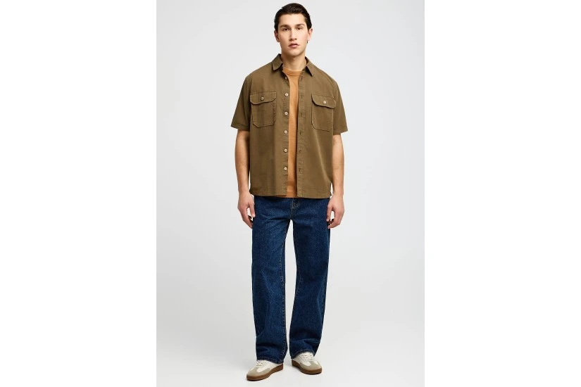 Funky Buddha Print On The Back Ανδρικό Κοντομάνικο Πουκάμισο Λαδί