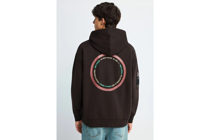 Funky Buddha Circular Back Graphic Ανδρικό Φούτερ με Κουκούλα Καφέ