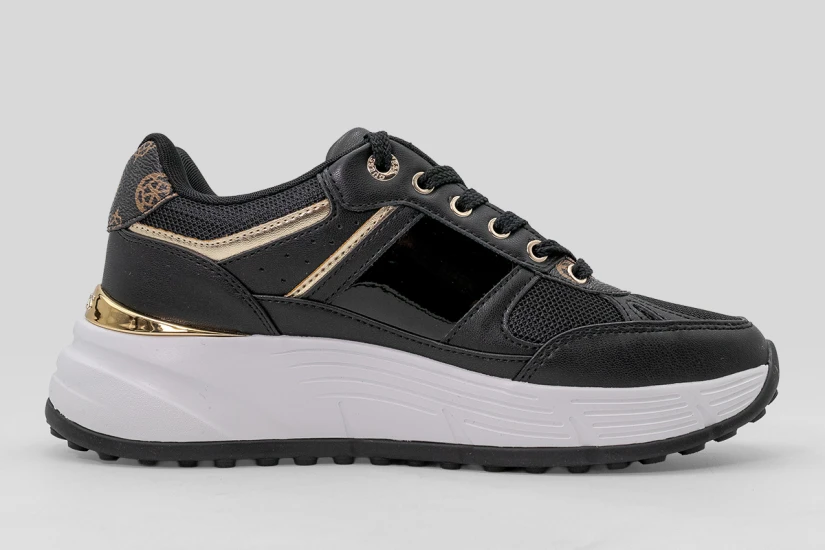 Guess Fonzi Laminated-Insert Γυναικεία Sneakers Μαύρα, Λευκά, Χρυσά