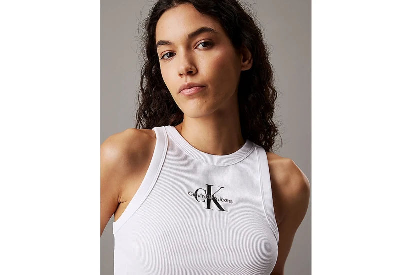 Calvin Klein Slim Ribbed Monogram Γυναικεία Αμάνικη Μπλούζα Λευκή