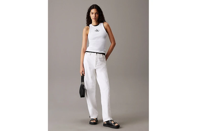 Calvin Klein Slim Ribbed Monogram Γυναικεία Αμάνικη Μπλούζα Λευκή
