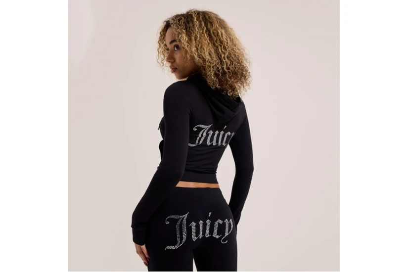Juicy Couture Oola Diamante Jersey Γυναικεία Βαμβακερή Ζακέτα με Κουκούλα Μαύρη