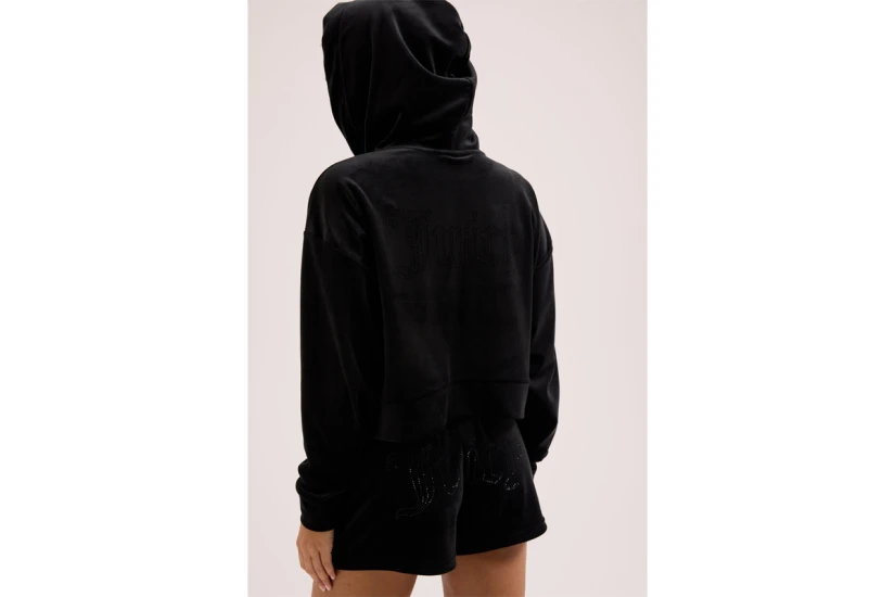 Juicy Couture Madison Diamante Γυναικεία Ζακέτα με Κουκούλα Βελουτέ Μαύρη
