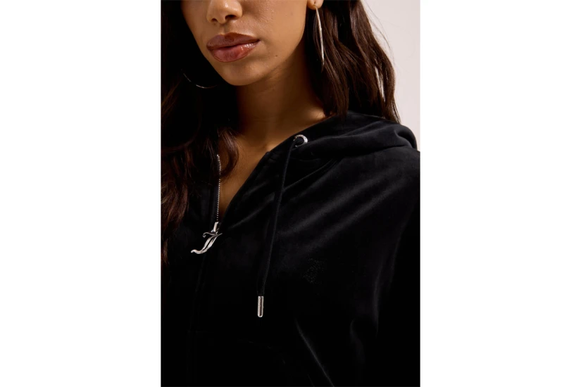 Juicy Couture Madison Diamante Γυναικεία Ζακέτα με Κουκούλα Βελουτέ Μαύρη