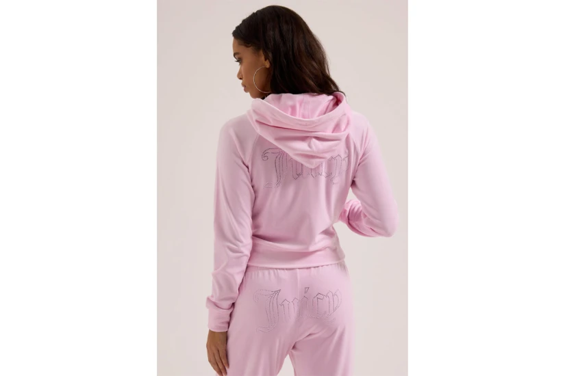 Juicy Couture Madison Diamante Γυναικεία Ζακέτα με Κουκούλα Βελουτέ Ροζ