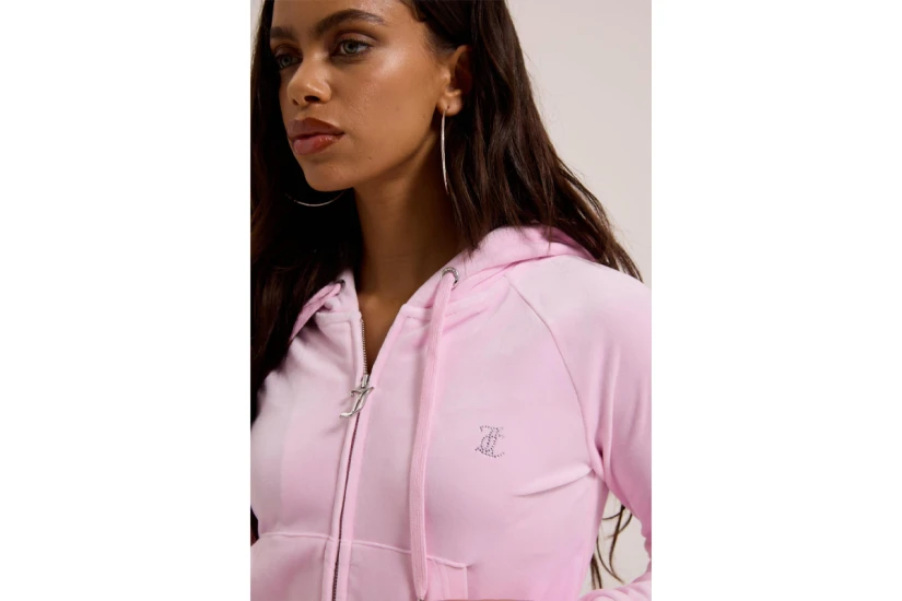 Juicy Couture Madison Diamante Γυναικεία Ζακέτα με Κουκούλα Βελουτέ Ροζ