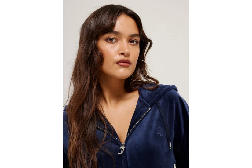 Juicy Couture Halan Γυναικεία Ζακέτα Βελουτέ με Κουκούλα Μπλε Σκούρο