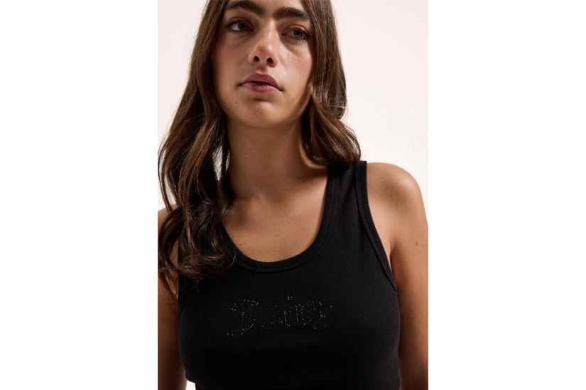Juicy Couture Ribbed Outline Diamante Racer Γυναικεία Αμάνικη Μπλούζα Μαύρη