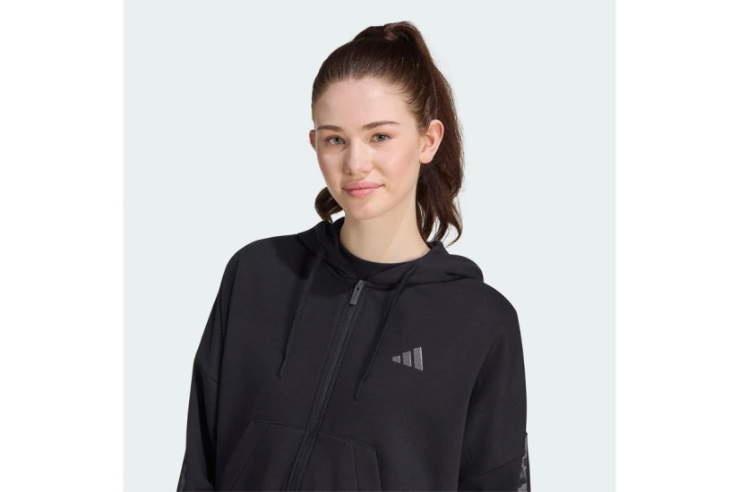Adidas Performance Essentials Animal Print 3-Stripes Γυναικεία Βαμβακερή Ζακέτα με Κουκούλα Μαύρη