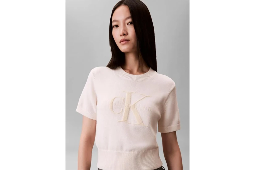 Calvin KleinMonologo Γυναικείο Κοντομάνικο Cropped Πουλόβερ Λευκό