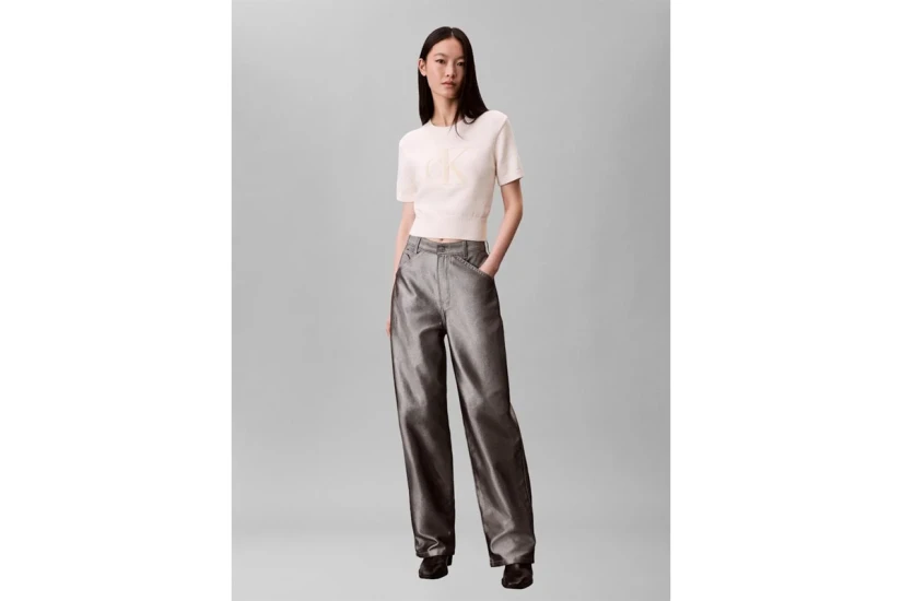 Calvin KleinMonologo Γυναικείο Κοντομάνικο Cropped Πουλόβερ Λευκό