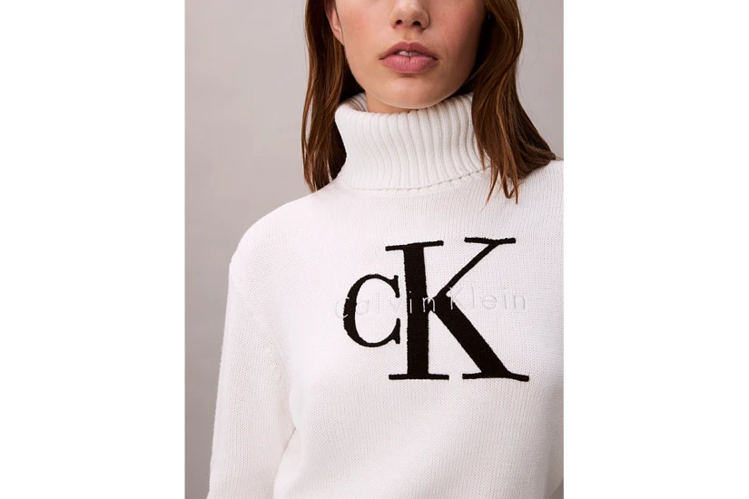 Calvin Klein Soft Chenille Roll Neck Γυναικείο Πουλόβερ Λευκό, Μαύρο