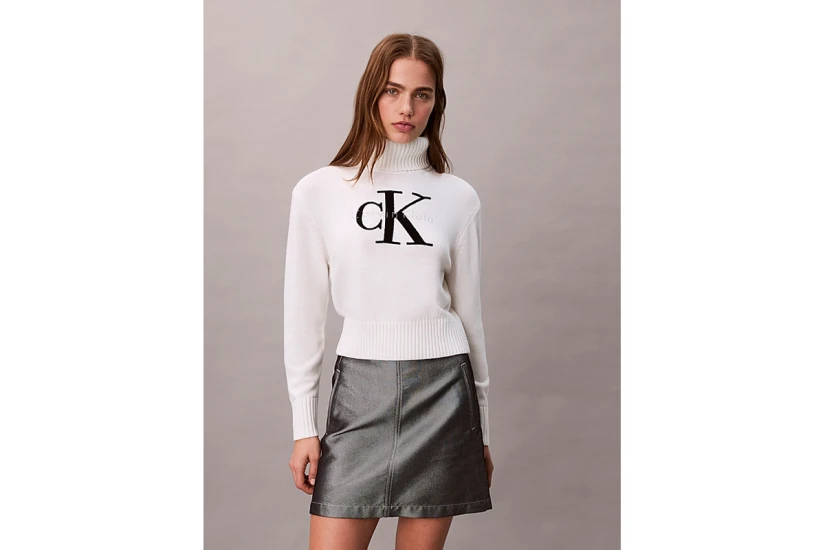 Calvin Klein Soft Chenille Roll Neck Γυναικείο Πουλόβερ Λευκό, Μαύρο