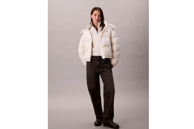 Calvin Klein Short Down Γυναικείο Μπουφάν Puffer με Κουκούλα Εκρού