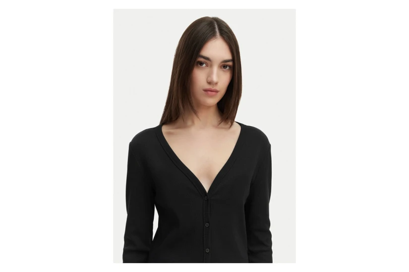 Calvin Klein Woven Label Baby Rib Γυναικεία Βαμβακερή Ζακέτα Μαύρη