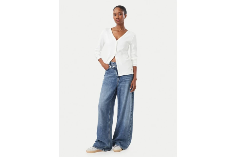 Calvin Klein Woven Label Baby Rib Γυναικεία Βαμβακερή Ζακέτα Λευκή