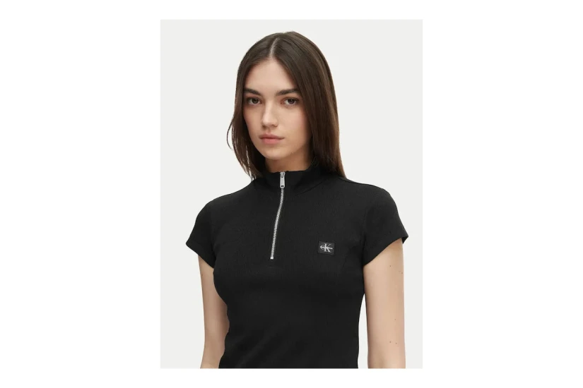 Calvin Klein Monologo Patch Rib Zip Γυναικείο Κοντομάνικο T-Shirt Μαύρο