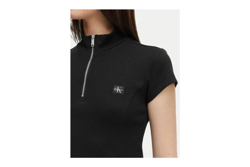 Calvin Klein Monologo Patch Rib Zip Γυναικείο Κοντομάνικο T-Shirt Μαύρο