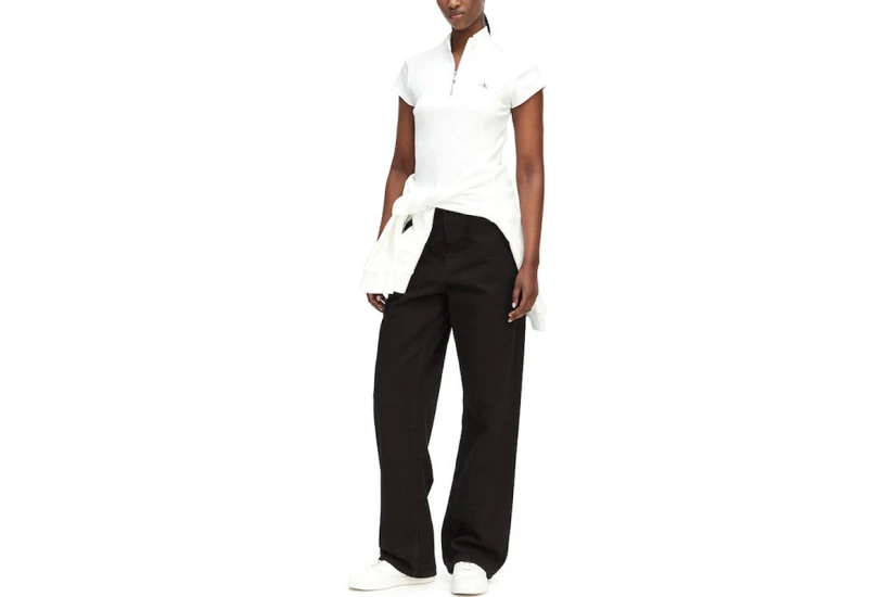 Calvin Klein Monologo Patch Rib Zip Γυναικείο Κοντομάνικο Top Λευκό