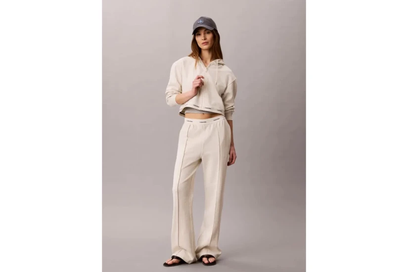 Calvin Klein Cropped Logo Γυναικεία Βαμβακερή Ζακέτα με Κουκούλα Εκρού