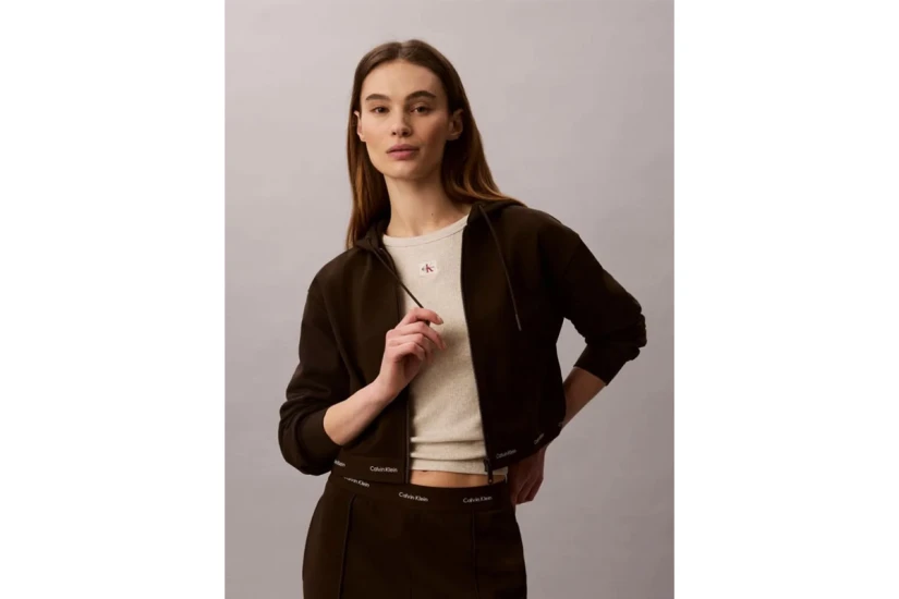 Calvin Klein Cropped Logo Γυναικεία Βαμβακερή Ζακέτα με Κουκούλα Καφέ