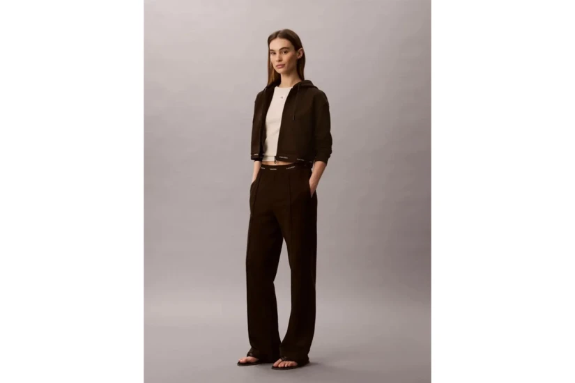 Calvin Klein Logo Waistband Wide Leg Γυναικείο Παντελόνι Φόρμας Καφέ