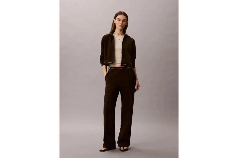 Calvin Klein Logo Waistband Wide Leg Γυναικείο Παντελόνι Φόρμας Καφέ