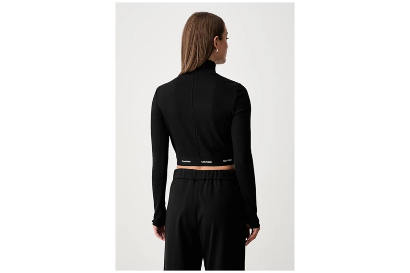 Calvin Klein Baby Rib Crop Logo Γυναικεία Μακρυμάνικη Μπλούζα με Ψηλό Λαιμό Μαύρη