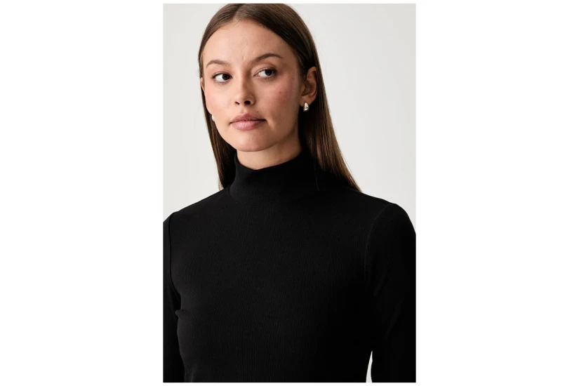 Calvin Klein Baby Rib Crop Logo Γυναικεία Μακρυμάνικη Μπλούζα με Ψηλό Λαιμό Μαύρη