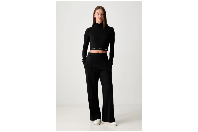 Calvin Klein Baby Rib Crop Logo Γυναικεία Μακρυμάνικη Μπλούζα με Ψηλό Λαιμό Μαύρη