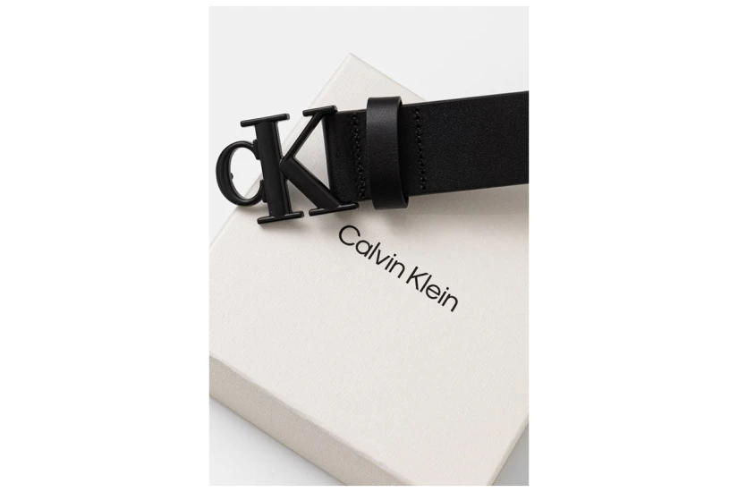 Calvin Klein Leather Monogram Logo Ανδρική Casual Ζώνη Μαύρη