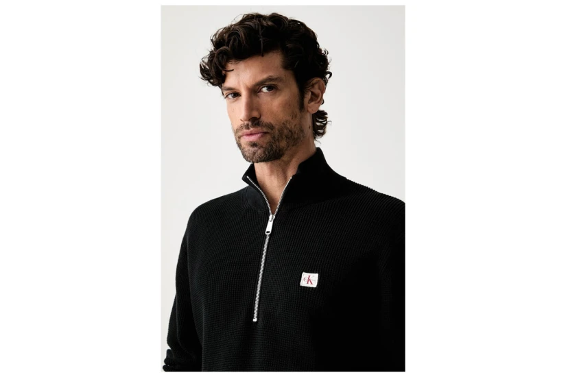Calvin Klein Cotton Waffle Ανδρικό Πουλόβερ με Φερμουάρ Μαύρο
