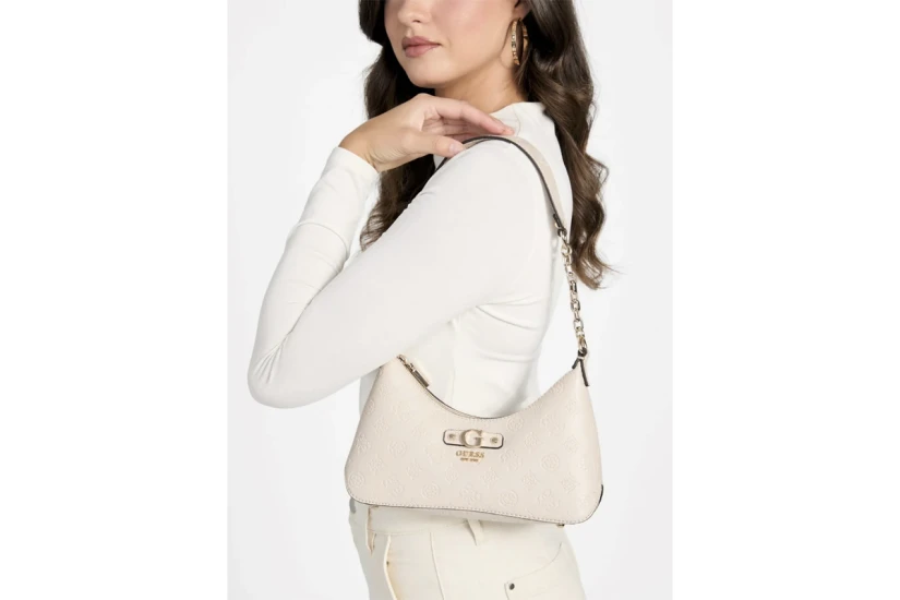Guess Dita Logo Γυναικεία Τσάντα Ώμου Μπεζ, Χρυσή