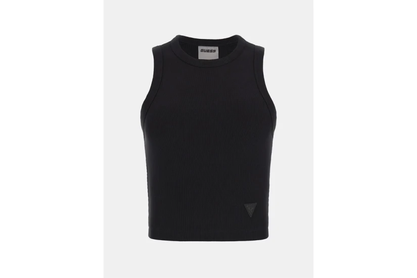 Guess Rib Knit Γυναικείο Αμάνικο Crop Top Μαύρο