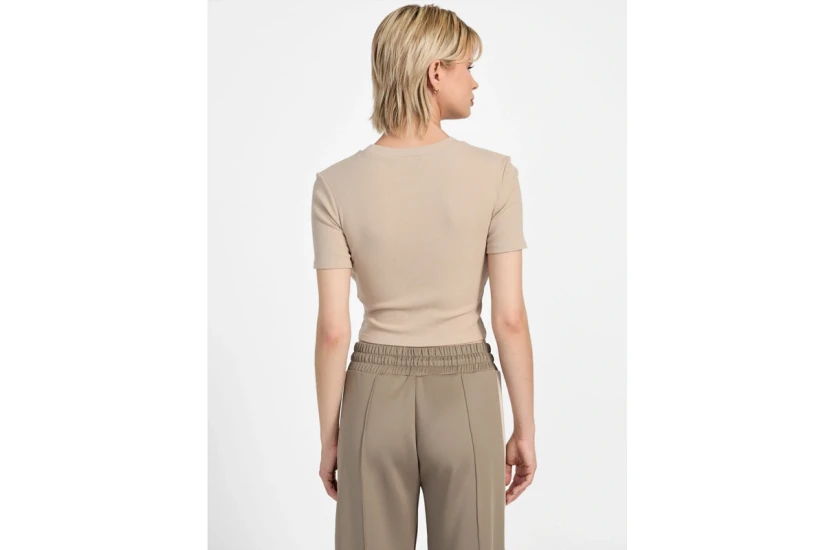 Guess Ribbed Γυναικείο Κοντομάνικο Crop Top Μπεζ