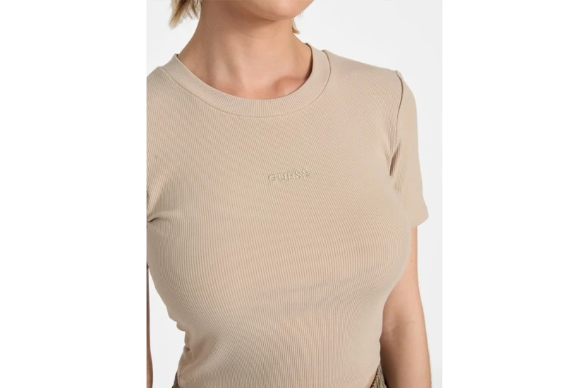Guess Ribbed Γυναικείο Κοντομάνικο Crop Top Μπεζ