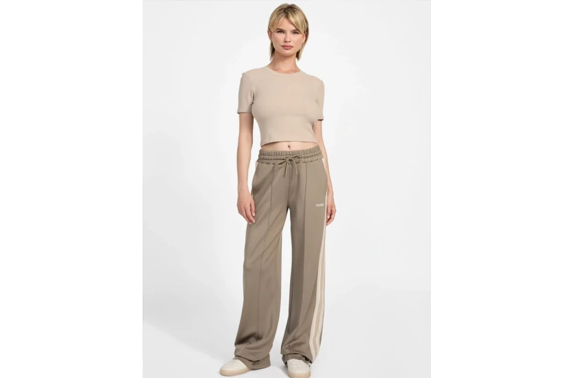 Guess Ribbed Γυναικείο Κοντομάνικο Crop Top Μπεζ