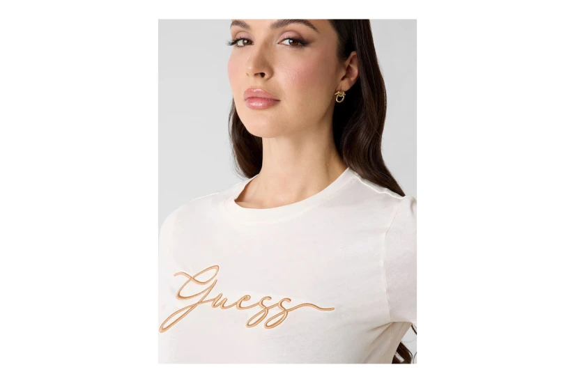 Guess Embroidered Logo Γυναικείο Κοντομάνικο T-Shirt Εκρού, Μπεζ