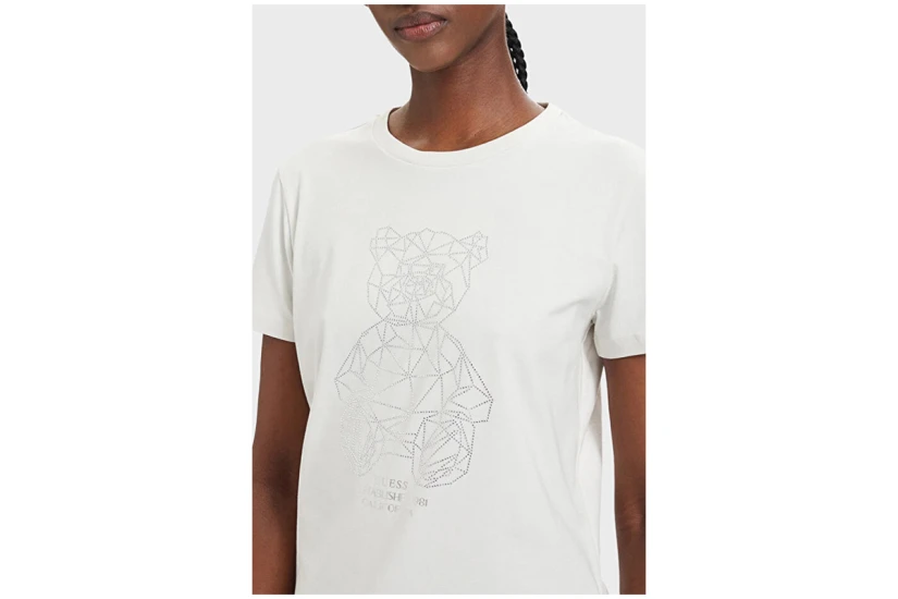 Guess Romy Γυναικείο Κοντομάνικο T-Shirt Εκρού, Ασημί