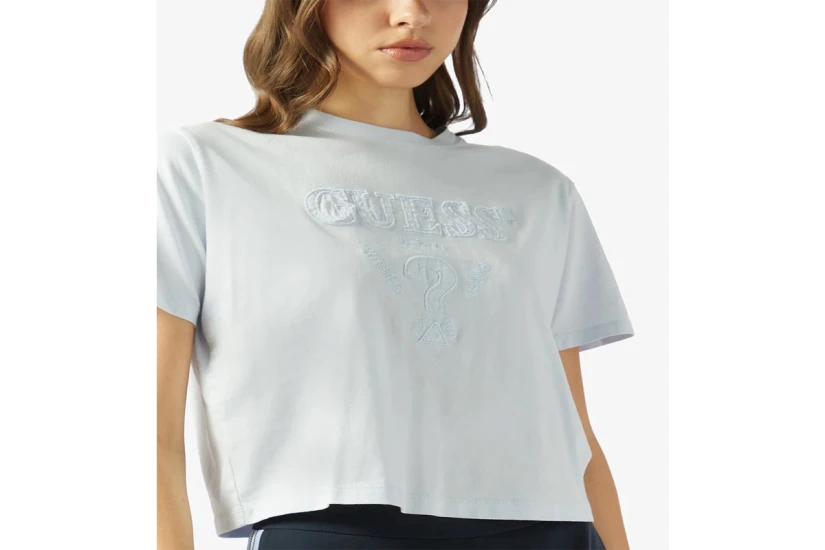Guess Boxy Logo Γυναικείο Κοντομάνικο Cropped T-Shirt Σιέλ