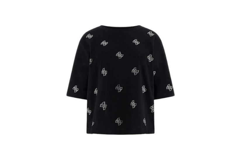 Guess Silvy 4G Rhinestones Γυναικείο Κοντομάνικο T-Shirt Μαύρο, Ασημί