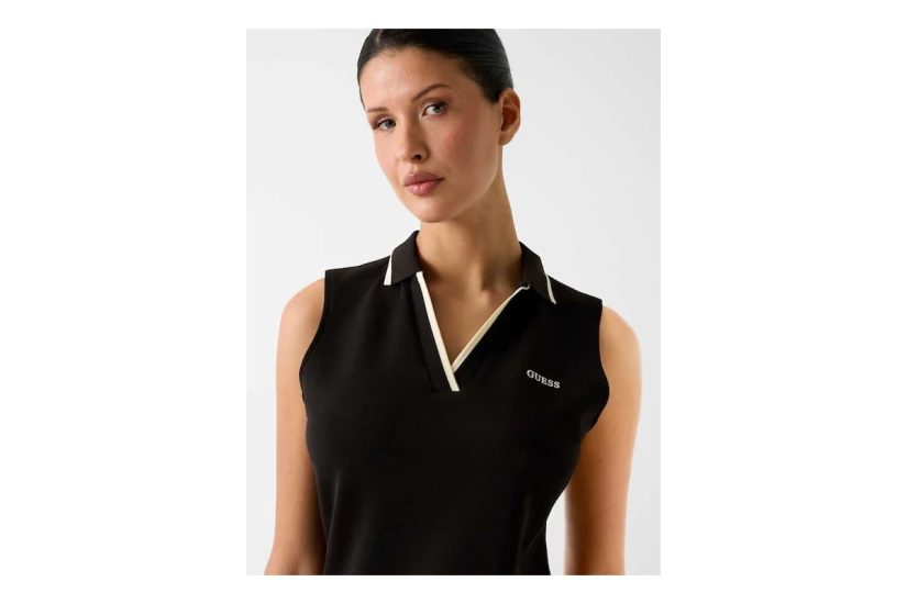 Guess Sleeveless Polo Γυναικείο Φόρεμα Mini Μαύρο, Εκρού