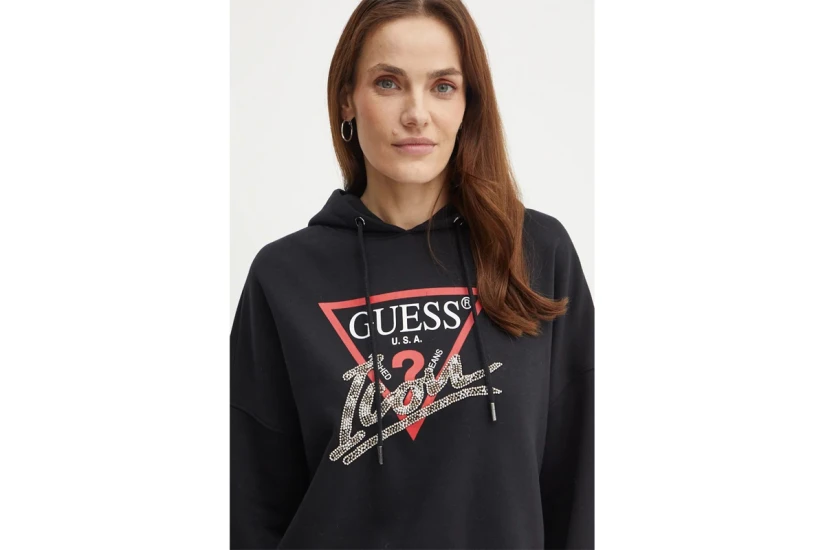 Guess Γυναικείο Φούτερ Με Κουκούλα Μαύρο
