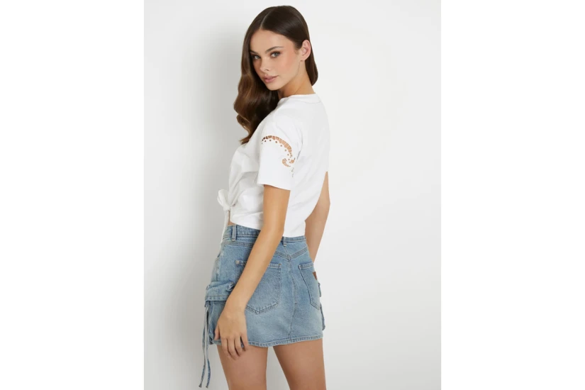 Guess Γυναικεία Κοντομάνικη Crop Top Μπλούζα Λευκή