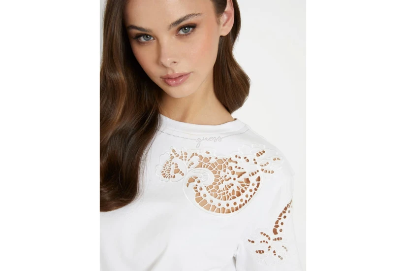 Guess Γυναικεία Κοντομάνικη Crop Top Μπλούζα Λευκή