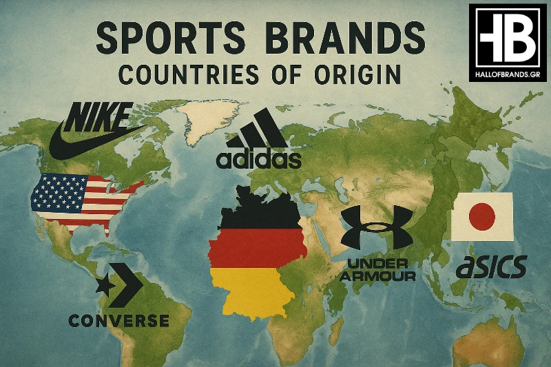 Χώρες προέλευσης αθλητικών brands και αθλητικών παπουτσιών, χάρτης και λογότυπα.